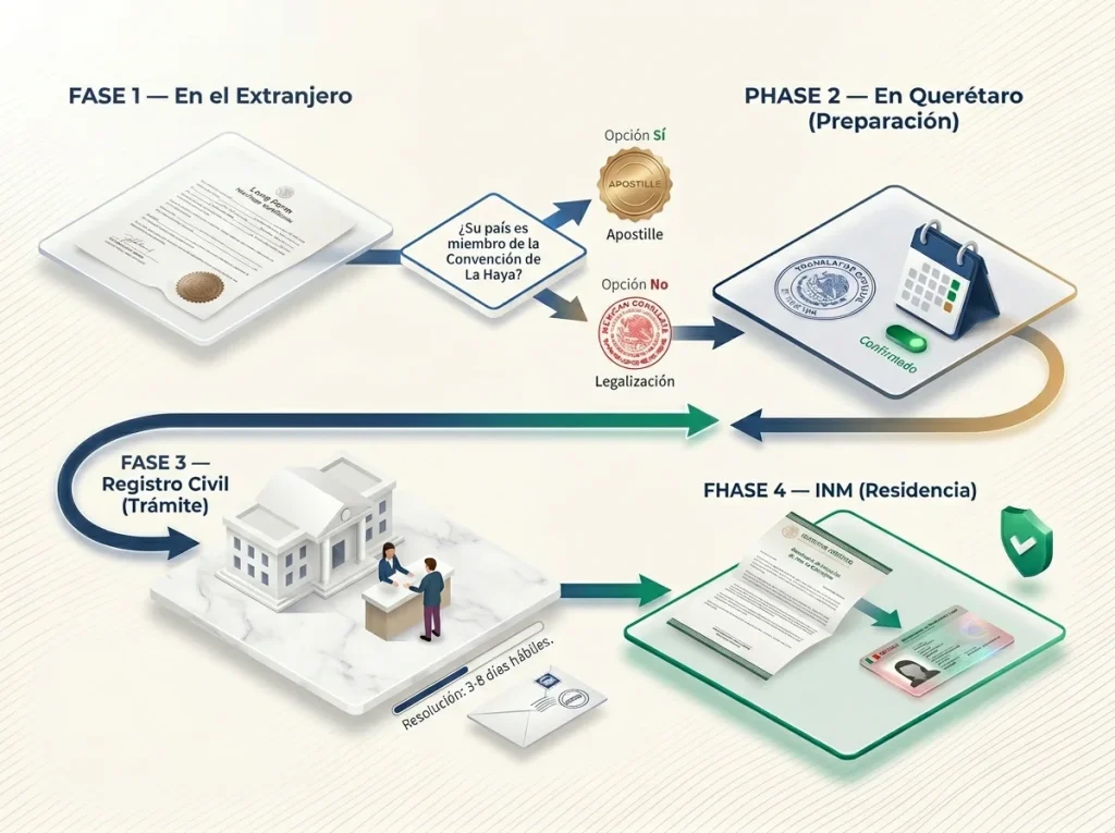 Diagrama de flujo en 4 fases del proceso de inserción de acta de matrimonio extranjera en Querétaro hasta la residencia INM