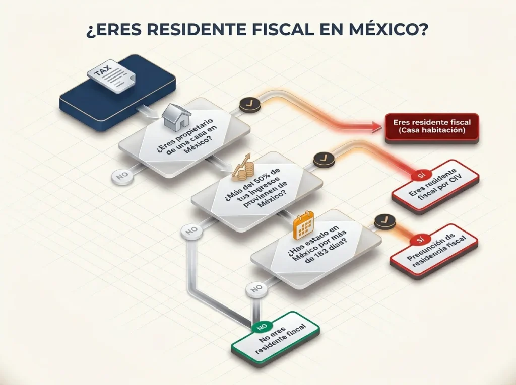 Tu residencia en México no evita pagar impuestos dos veces 2 Infografía mostrando el diagrama de flujo para determinar la residencia fiscal en México con preguntas clave del SAT
