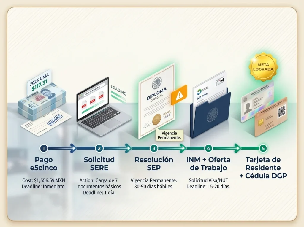 Infografía de 5 pasos desde la oferta laboral hasta la Cédula Profesional con plazos y costos 2026