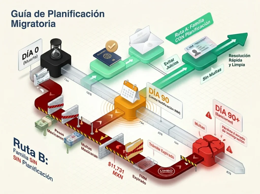 Planificación sucesoria para expatriados en México 6 Infografía con línea de tiempo de 90 días para notificar al INM de fallecimiento y comparación de rutas con/sin plan