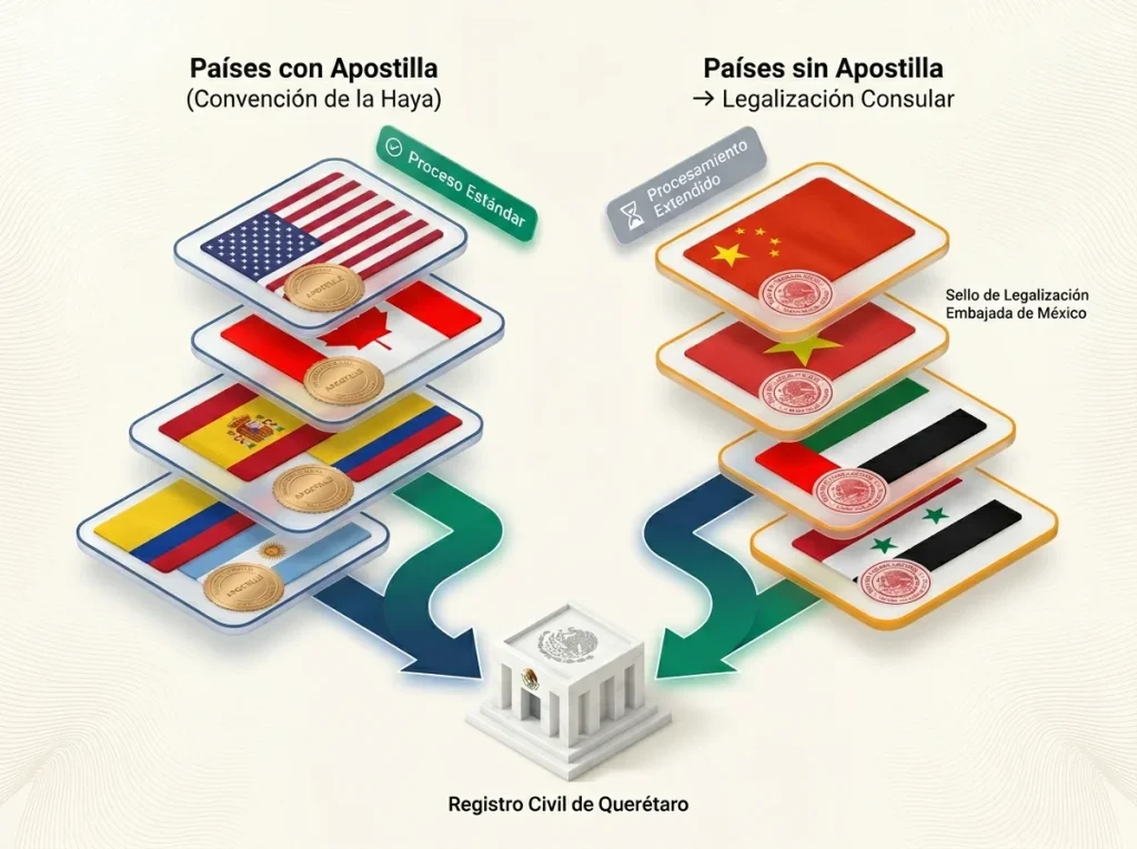 Mapa visual comparando países con Apostilla frente a países con Legalización Consular para trámites de matrimonio en México