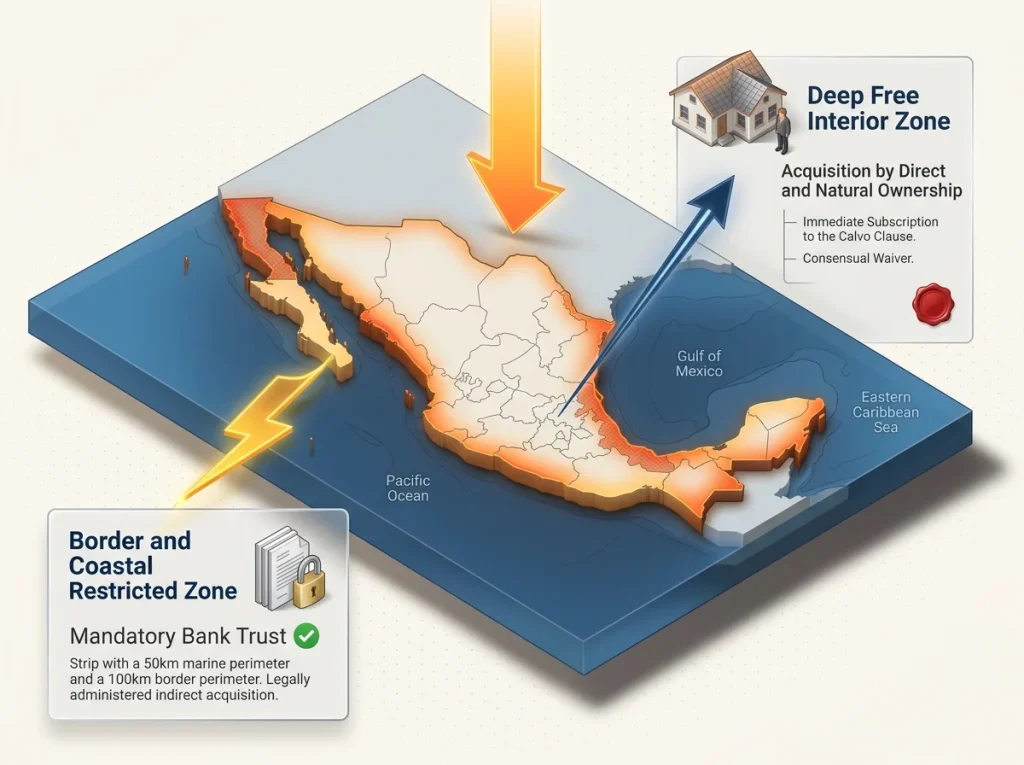 Infografía isométrica del mapa de México mostrando zonas de fideicomiso y dominio directo