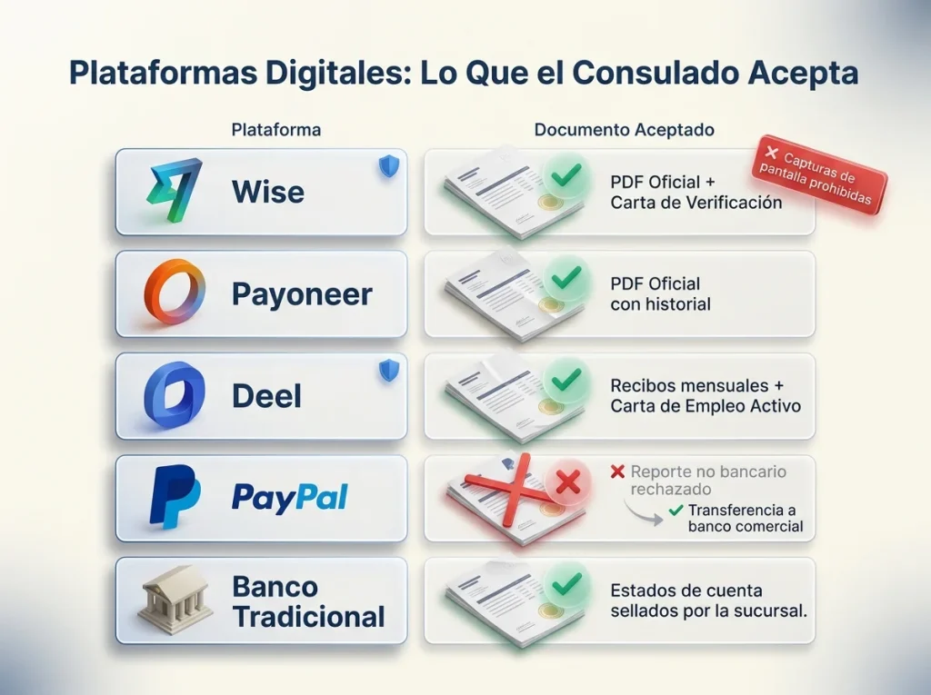 Infografía estilo checklist mostrando comprobantes financieros aceptados de Wise, Payoneer, Deel y PayPal