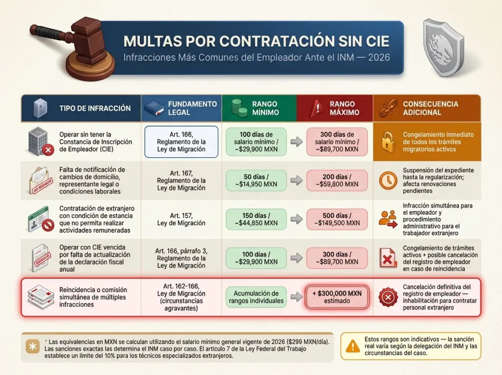 Sanciones por Contratar Extranjeros Sin CIE en México 3 Infografía con tabla comparativa de sanciones INM por falta de CIE: tipo de infracción, fundamento legal, rangos y consecuencias