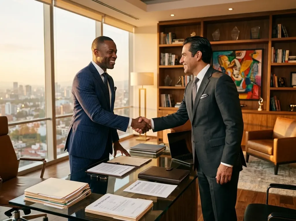 Tu residencia en México no evita pagar impuestos dos veces 8 Asesor fiscal y expatriado afroamericano celebrando tras corregir su blindaje patrimonial.