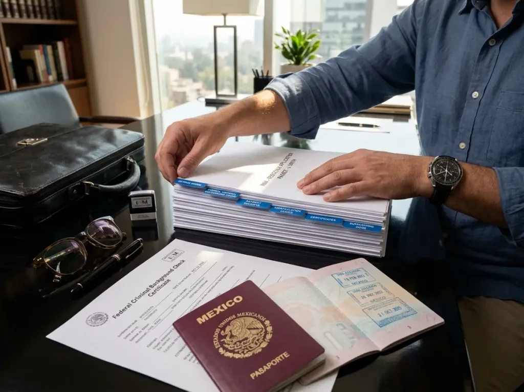 Expediente completo con pasaporte y antecedentes penales organizados para trámite de residencia en delegación del INM.