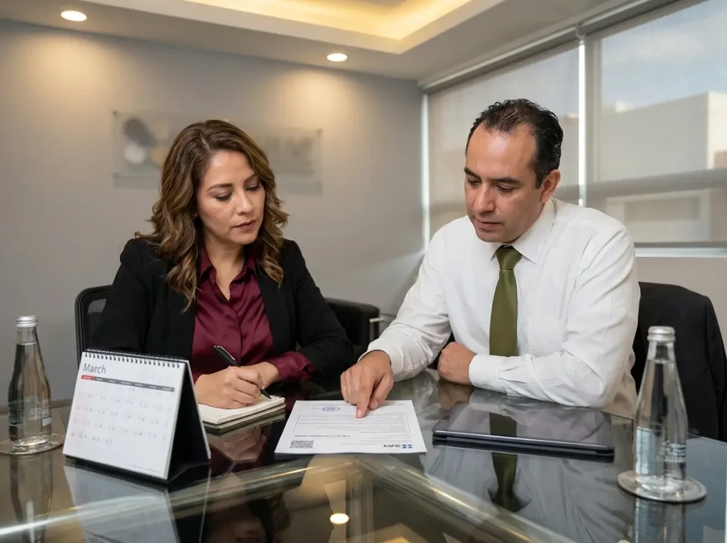 Por Qué la CIE "Sin Vencimiento" Sí Caduca 1 Contador entregando acuse de declaración anual SAT a directora de empresa para actualización de CIE