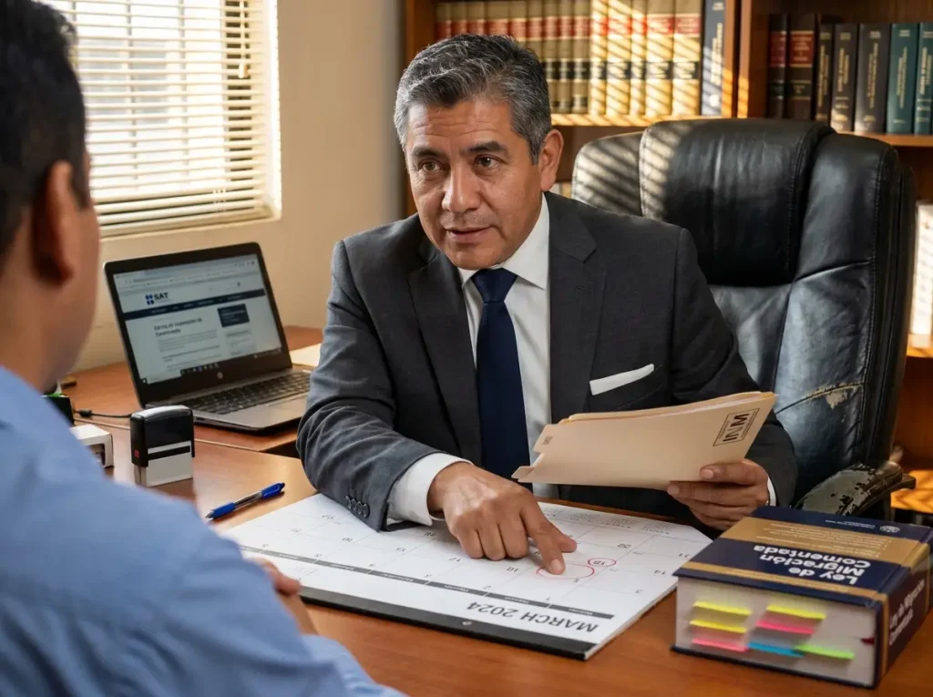 Cómo Tramitar la CIE por Primera Vez (Guía 2026) 5 Abogado migratorio explicando obligaciones de actualización de CIE a director de empresa en consulta