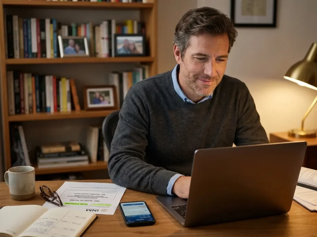 Cómo Tramitar la CIE por Primera Vez (Guía 2026) 4 Persona revisando confirmación de pago electrónico de derechos migratorios CIE en laptop en oficina