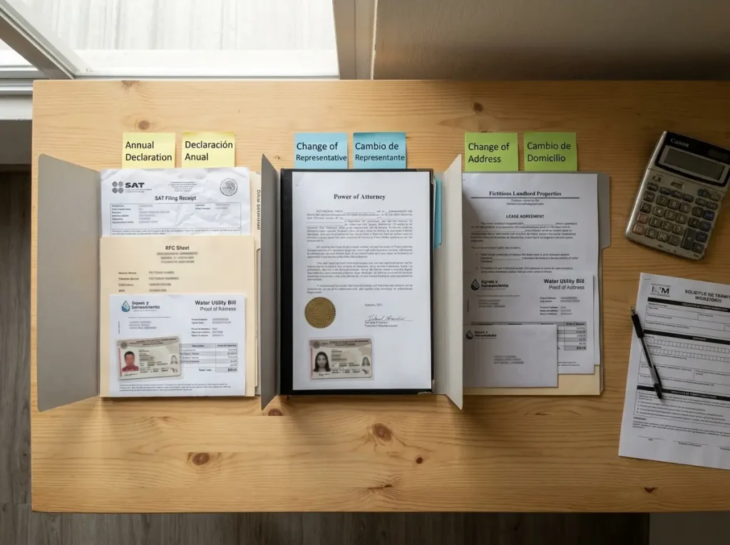Por Qué la CIE "Sin Vencimiento" Sí Caduca 2 Mesa con tres grupos de documentos organizados para actualización CIE por declaración, domicilio y representante