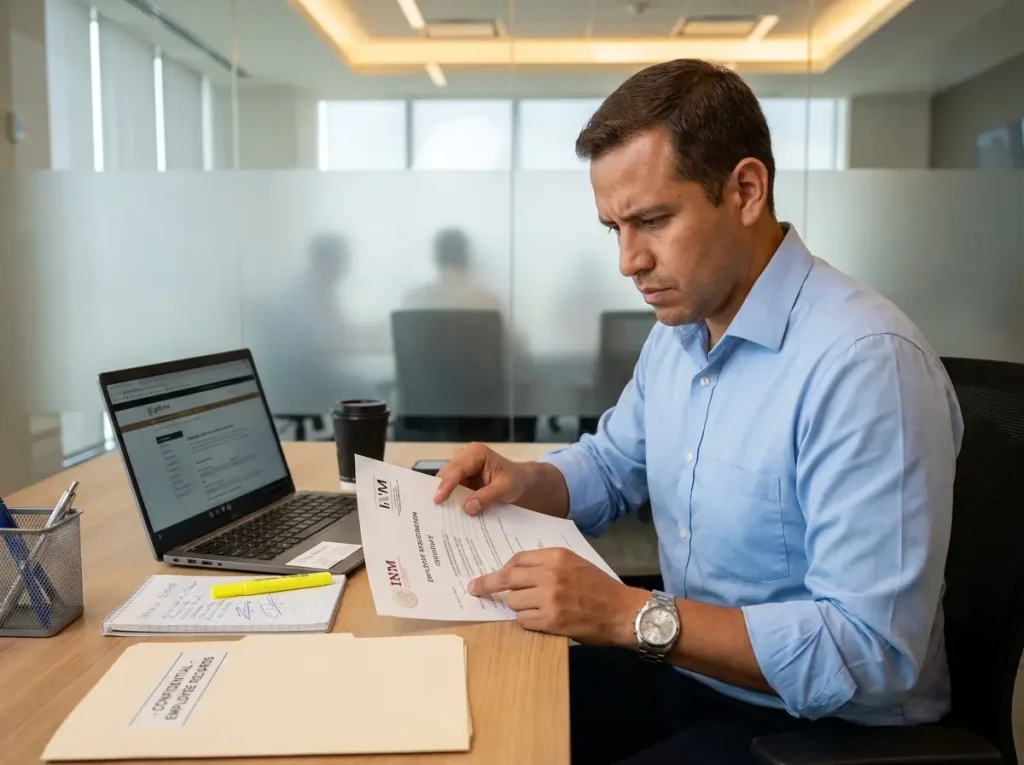 Cómo Tramitar la CIE por Primera Vez (Guía 2026) 1 Director de RH de empresa mexicana revisando documento oficial INM sobre constancia de empleador en escritorio