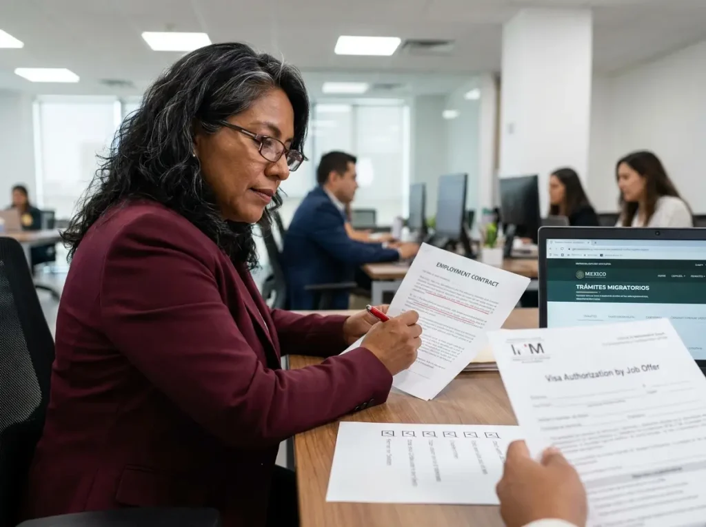 Especialista en cumplimiento migratorio revisando autorización INM y contrato laboral en oficina corporativa