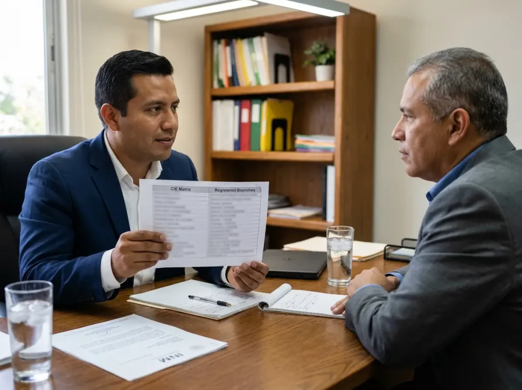 CIE para Sucursales y Plantas de una Empresa en México 1 Abogado migratorio explicando al director corporativo cómo funciona la CIE del INM para empresas con sucursales