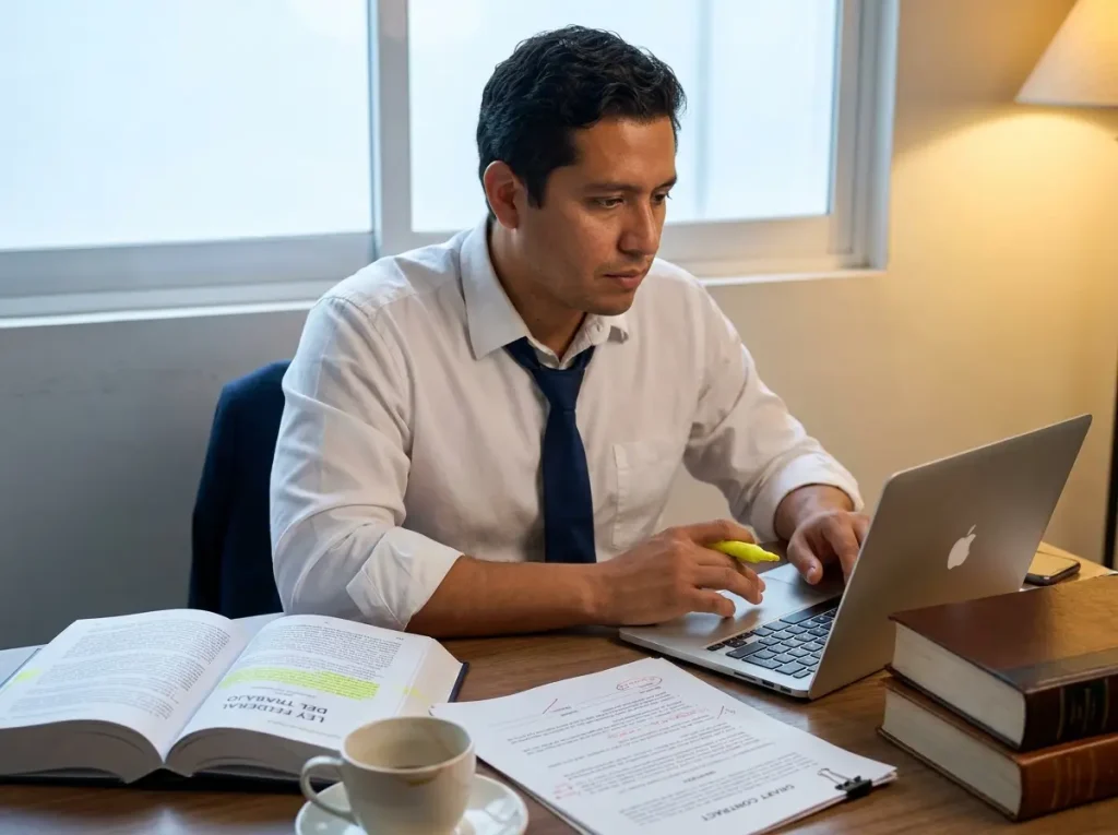 Abogado laboral mexicano resaltando cláusulas del artículo 25 de la LFT en contrato de trabajo impreso