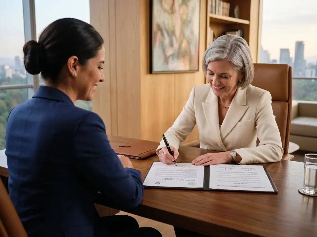 Tu residencia en México no evita pagar impuestos dos veces 3 Empresaria canadiense y abogada firmando convenio para evitar doble tributación en México.