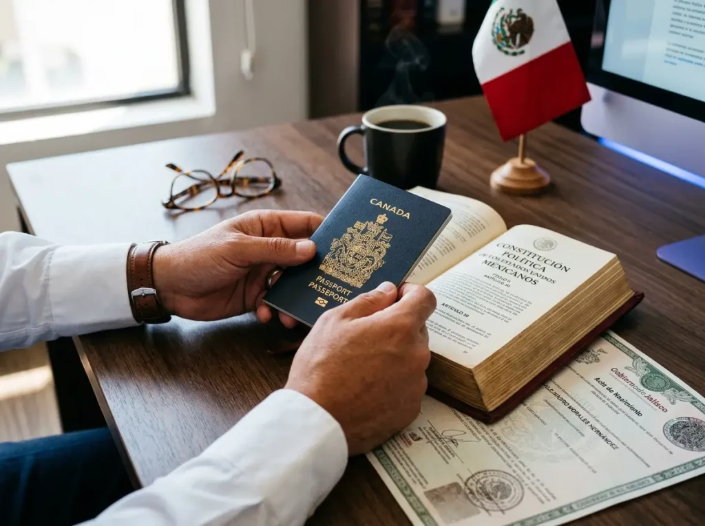 Manos profesionales sosteniendo pasaporte extranjero y acta de nacimiento mexicana constitucional