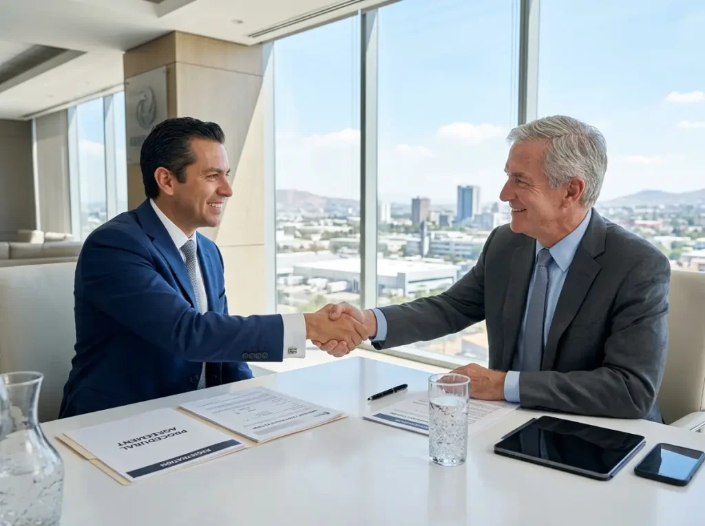 Constancia de Situación Fiscal para extranjeros 2026 8 Directivo corporativo celebrando contratacion de experto internacional cumpliendo requerimientos migratorios