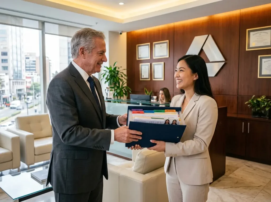 Abogado entregando expediente perfecto de residencia por solvencia económica para consulado mexicano