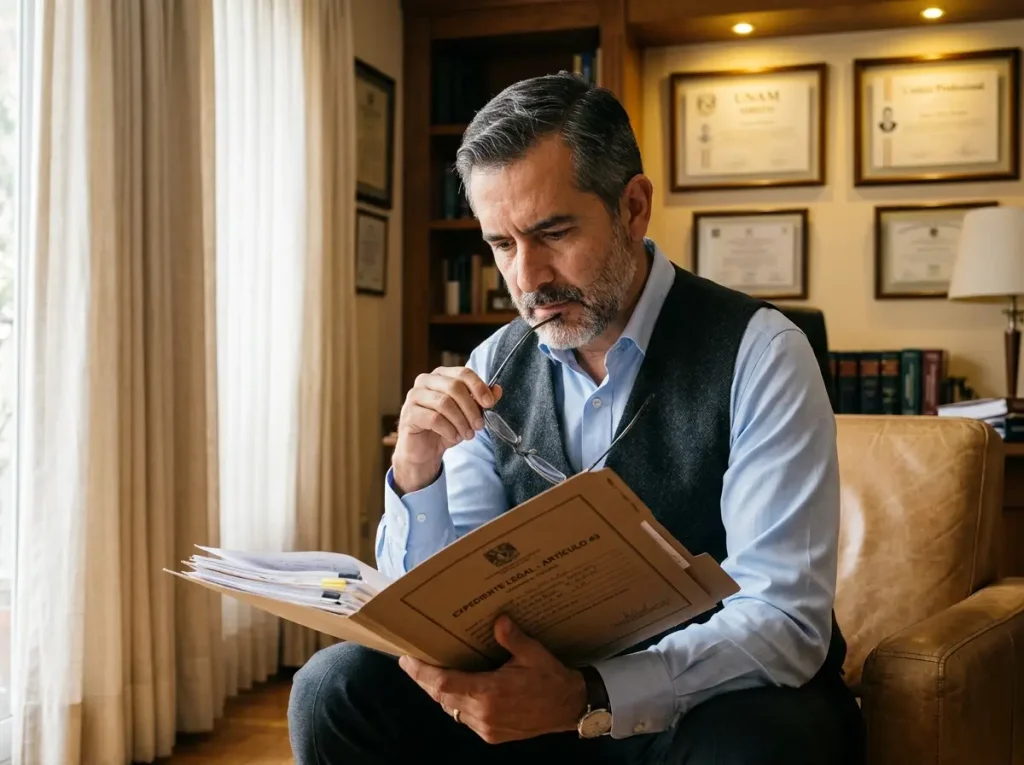 Abogado especialista evaluando expediente bajo las causales del artículo 43 de la Ley de Migración en México.