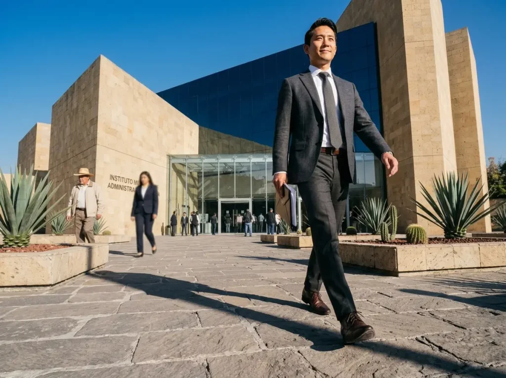 Constancia de Situación Fiscal para extranjeros 2026 4 Extranjero ingresando a edificio contemporaneo de oficinas del SAT para cita