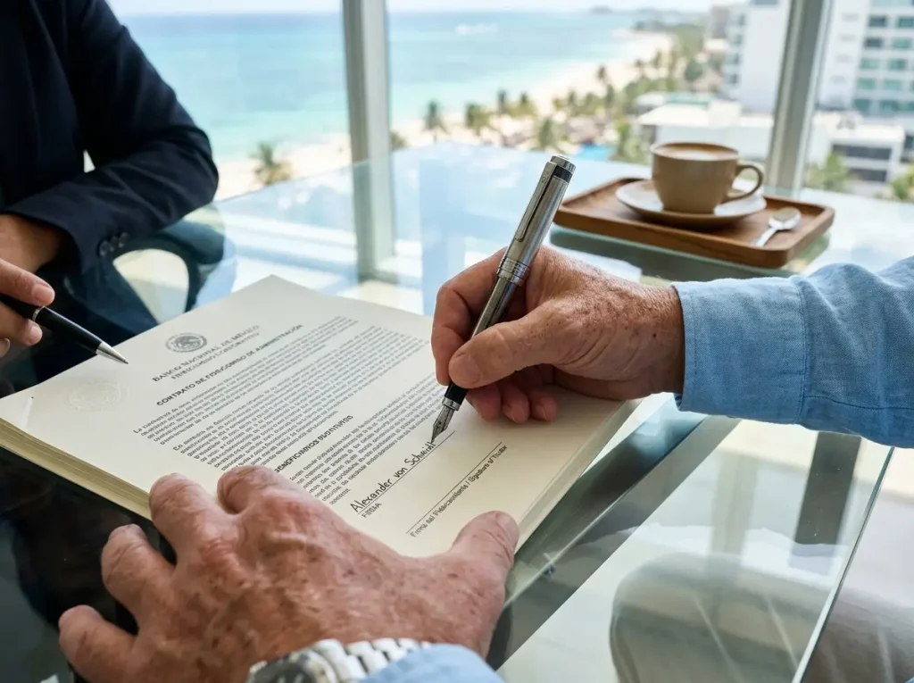Planificación sucesoria para expatriados en México 2 Cliente extranjero firmando cláusula de beneficiarios sustitutos de fideicomiso bancario en México