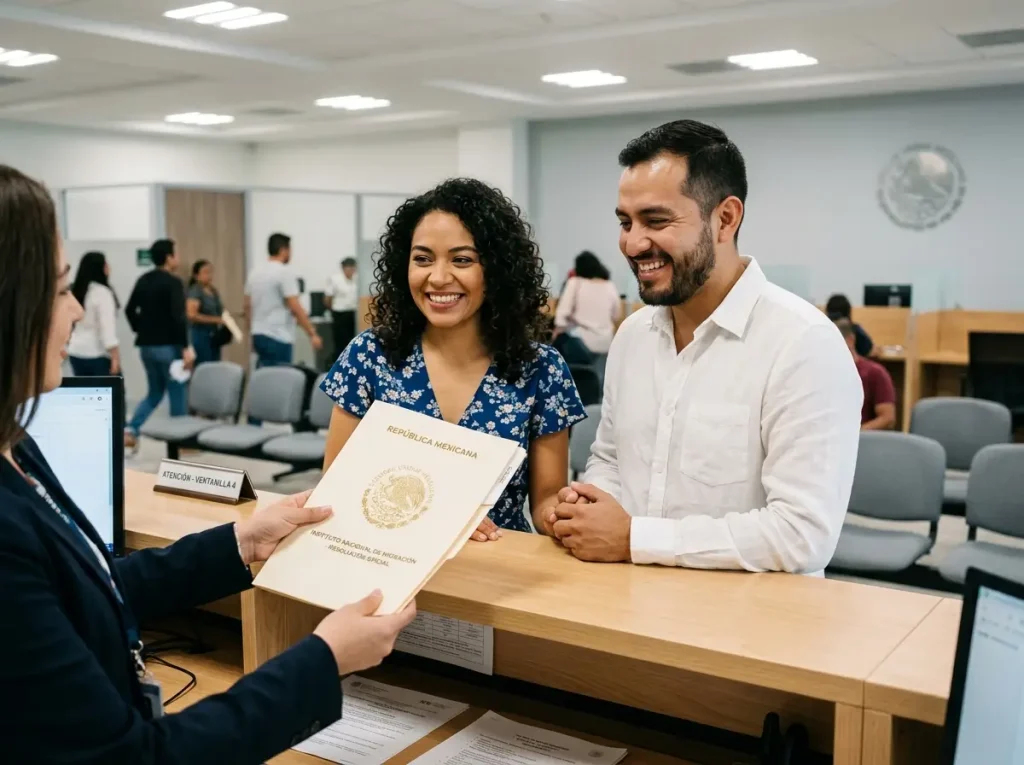 Pareja mixta recibiendo inserción de acta extranjera en Registro Civil mexicano para trámite migratorio.