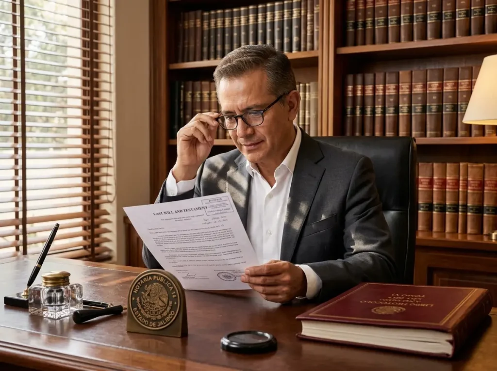 Planificación sucesoria para expatriados en México 1 Notario mexicano revisando meticulosamente un testamento extranjero para legalizar propiedades