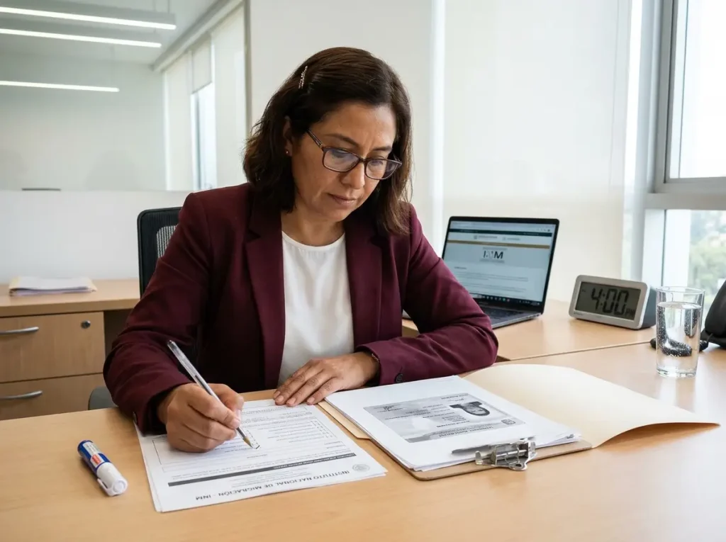 Especialista en cumplimiento normativo revisando notificación obligatoria al INM por baja de trabajador extranjero