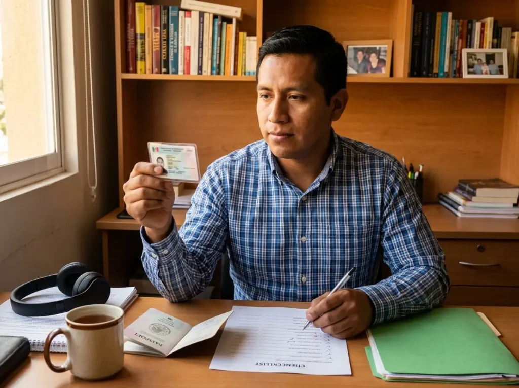 Trabajador extranjero revisando tarjeta de residente temporal y documentos del INM tras terminar contrato laboral