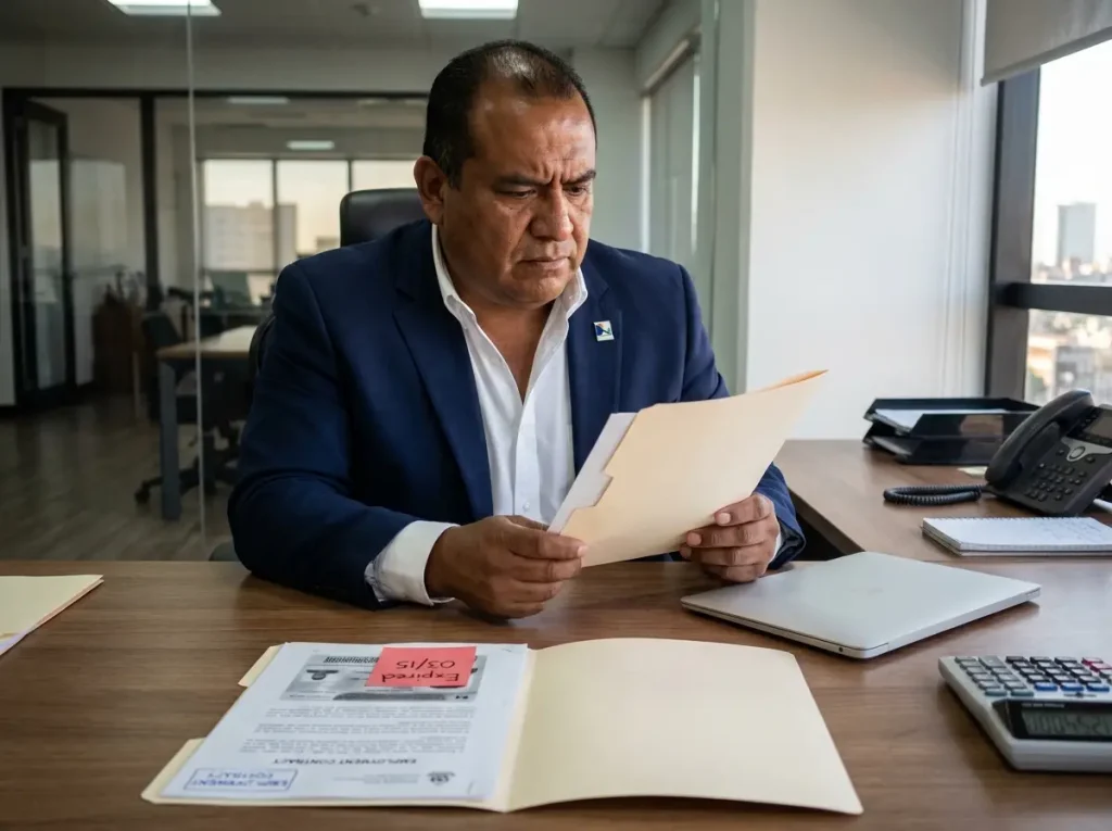 Responsabilidad Solidaria del Patrón por Incumplimientos Migratorios 2 Director corporativo revisando expediente con documentación migratoria incompleta de trabajador extranjero en oficina