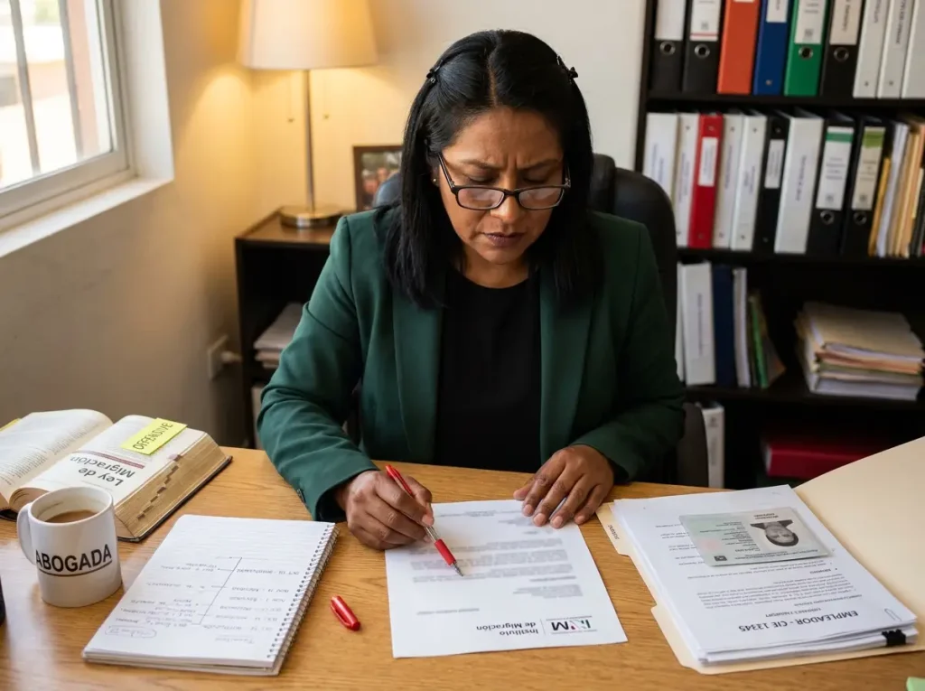 Responsabilidad Solidaria del Patrón por Incumplimientos Migratorios 4 Abogada migratoria preparando documentos de defensa ante procedimiento administrativo migratorio del INM