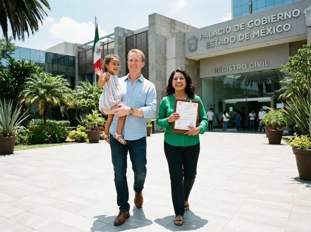 Familia multicultural saliendo del Registro Civil de Querétaro tras registrar exitosamente su acta.