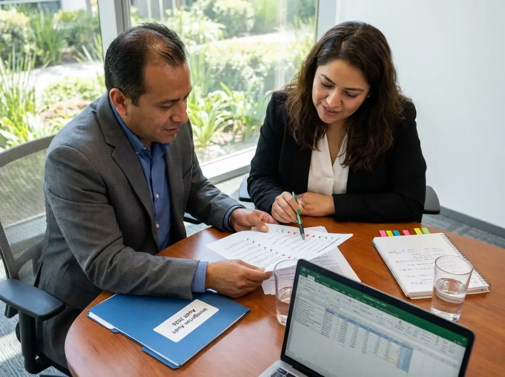 Responsabilidad Solidaria del Patrón por Incumplimientos Migratorios 5 Director de RH y abogado corporativo revisando checklist de cumplimiento migratorio preventivo para reducir exposición