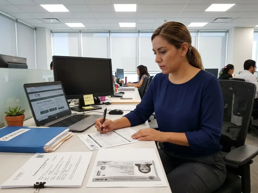 CIE para Sucursales y Plantas de una Empresa en México 2 Especialista de RH completando alta de sucursal en CIE del INM con documentos de domicilio y representante legal