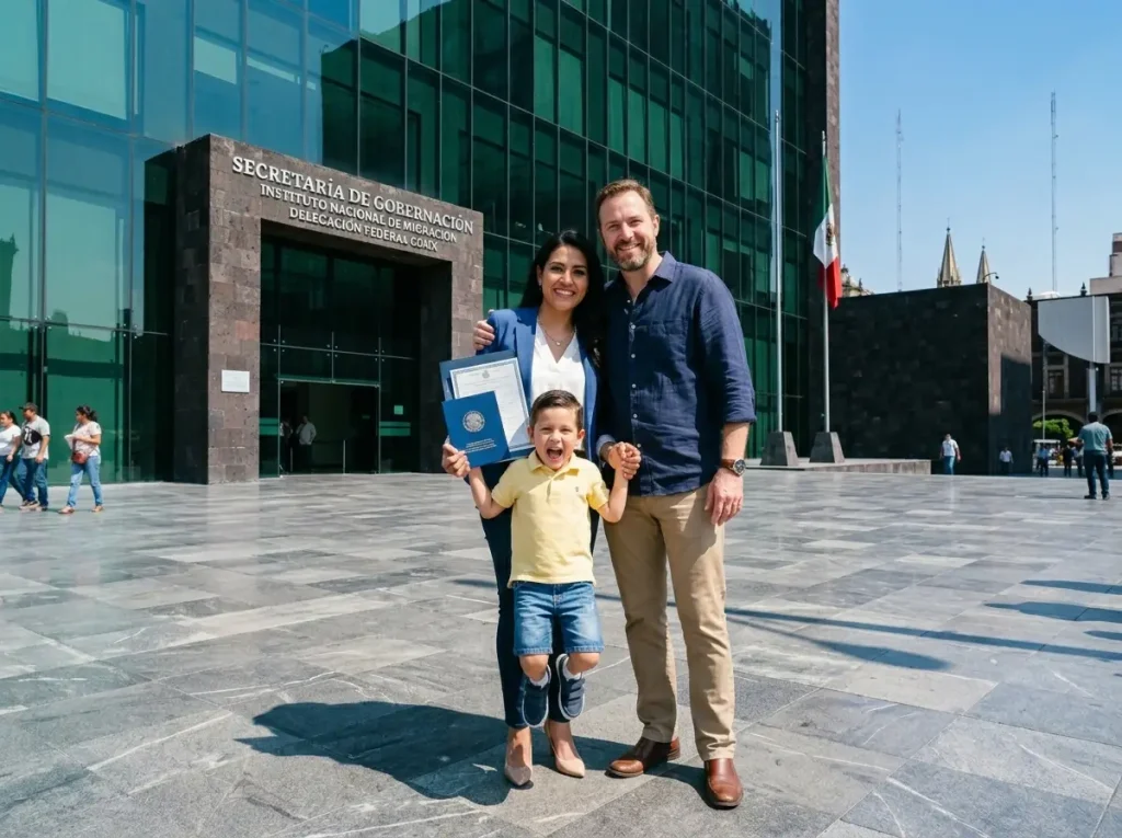 Planificación sucesoria para expatriados en México 5 Familia multicultural saliendo tranquilamente tras resolver situación de residencia migratoria INM Querétaro