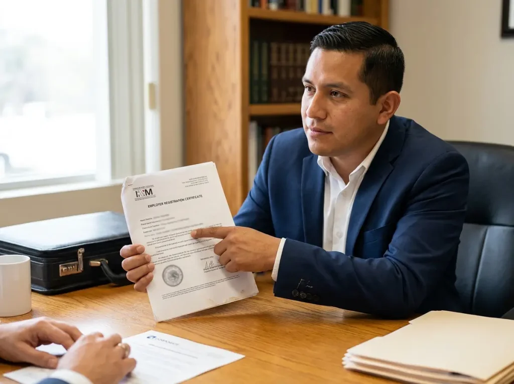 Sanciones por Contratar Extranjeros Sin CIE en México 1 Abogado migratorio mostrando Constancia de Inscripción del Empleador a cliente en oficina legal