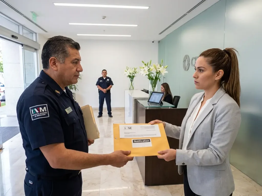 Responsabilidad Solidaria del Patrón por Incumplimientos Migratorios 3 Oficial del INM entregando notificación de sanción migratoria a representante de empresa en recepción corporativa