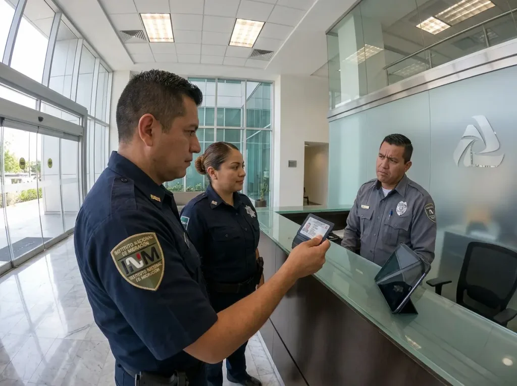 Sanciones por Contratar Extranjeros Sin CIE en México 4 Oficial del INM presentando credencial en recepción corporativa durante visita de verificación migratoria