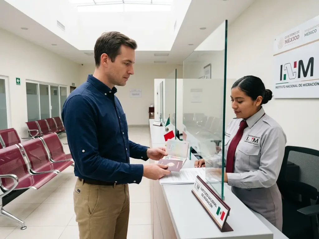 Nómada digital extranjero entregando documentos para canje de visa en el INM de Querétaro