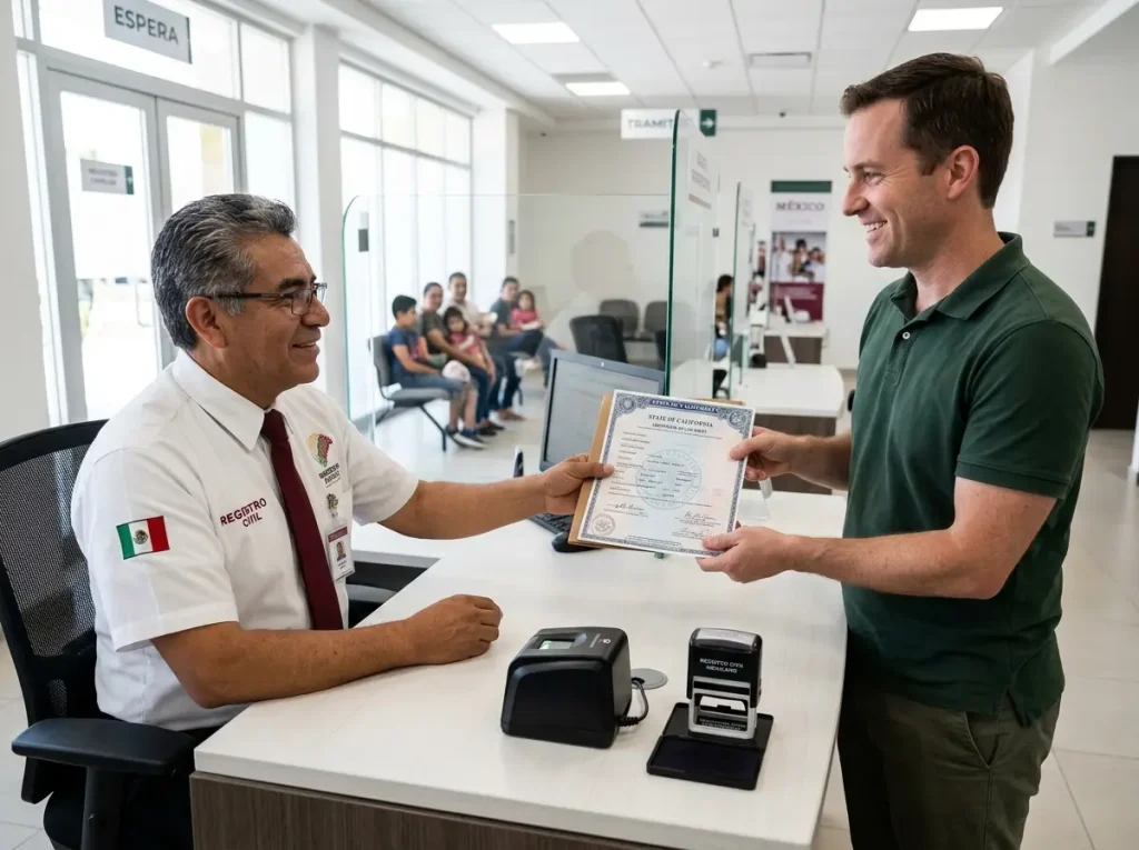 Padre extranjero entregando certificado de hospital a funcionario de registro civil mexicano