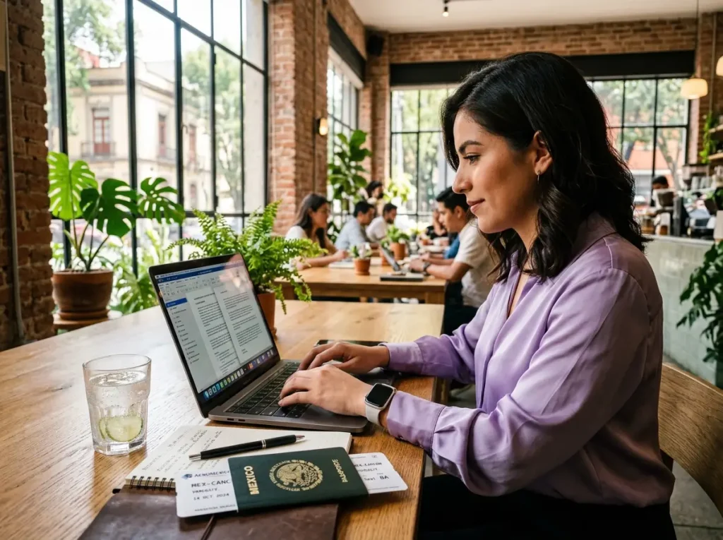 Nómada digital extranjera trabajando legalmente en México con su residencia temporal y pasaporte listos