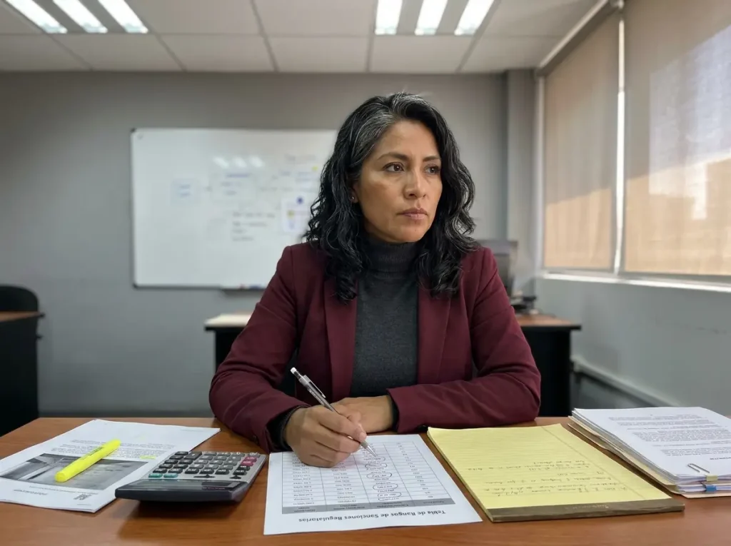 Sanciones por Contratar Extranjeros Sin CIE en México 2 Especialista en cumplimiento normativo revisando tabla de sanciones migratorias del INM en oficina corporativa