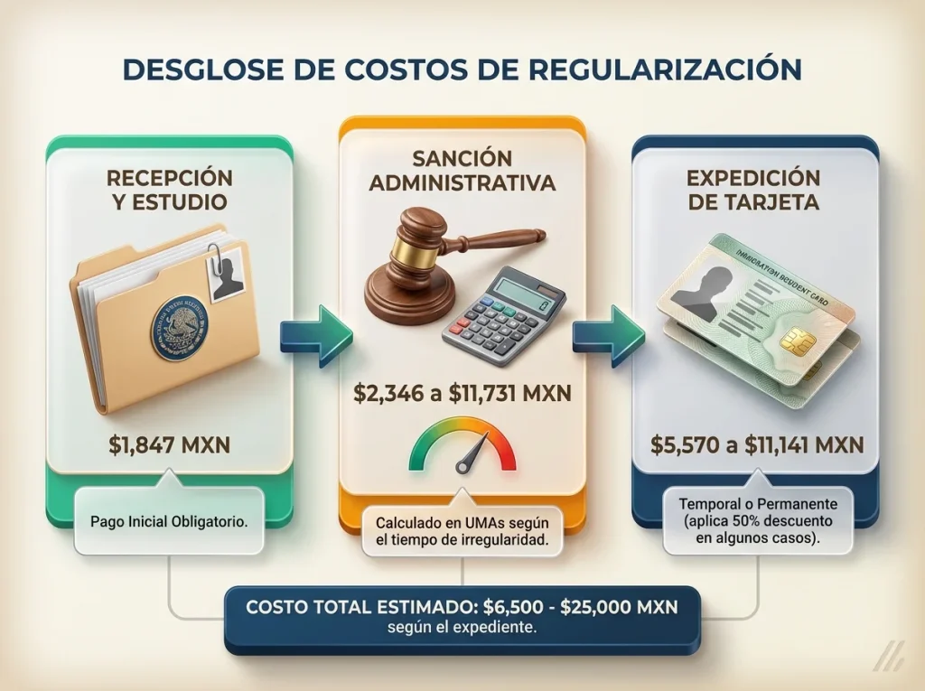 ¿Tarjeta de Residente Vencida Hace 5 Años? Sí Hay Vía 6 Infografía detallando los costos de regularización migratoria en México con recepción, rango de multas y expedición de tarjeta