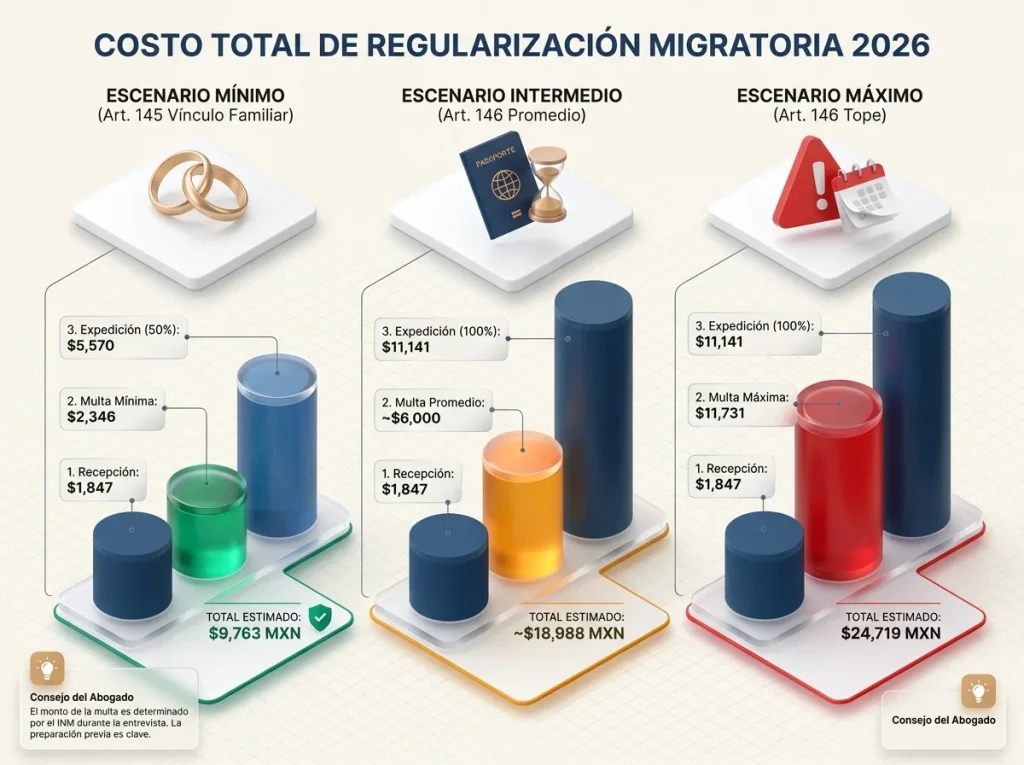 Infografía mostrando 3 escenarios de costo para regularización migratoria con desglose de recepción, multas y expedición