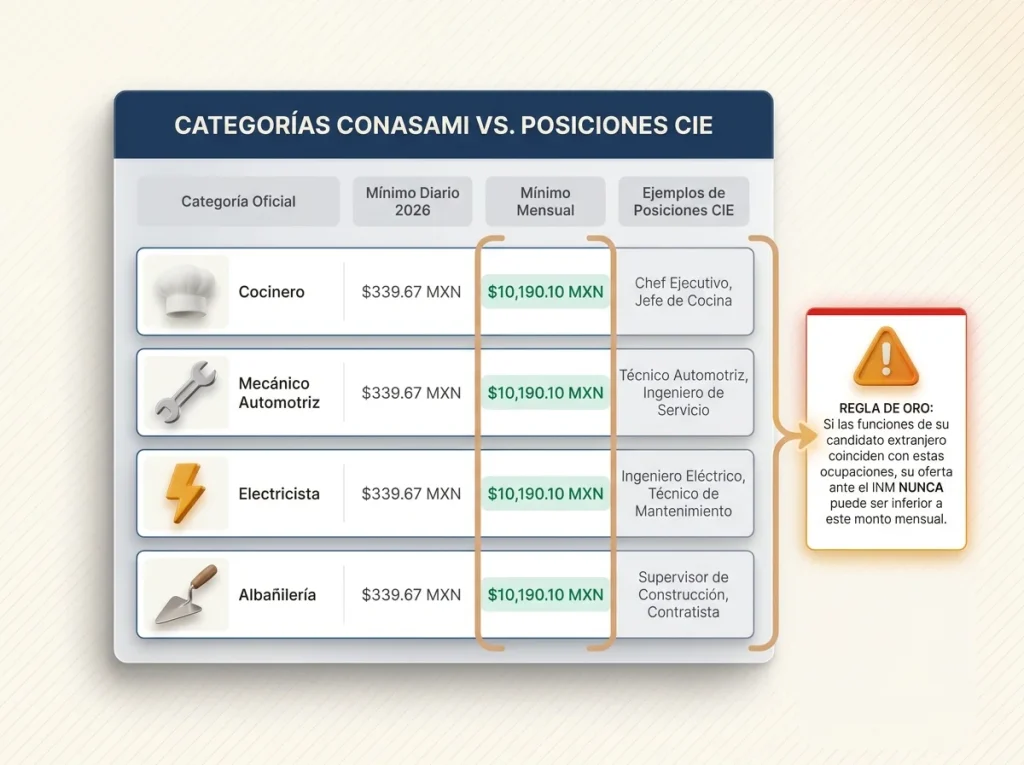 Cómo Afecta el Salario Mínimo Profesional a Tu CIE 8 Infografía mostrando tabla comparativa de salarios mínimos profesionales con categorías comunes y su aplicación en la CIE