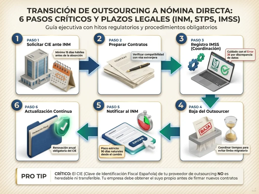 Infografía mostrando los 6 pasos de transición de outsourcing a nómina directa con plazos legales y trámites de INM, STPS e IMSS