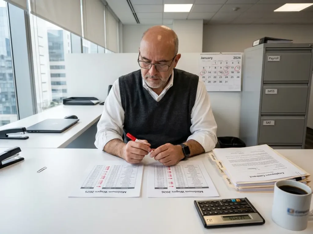 Cómo Afecta el Salario Mínimo Profesional a Tu CIE 4 Director financiero comparando tabulador de salarios anterior y nuevo junto a contratos de empleados extranjeros