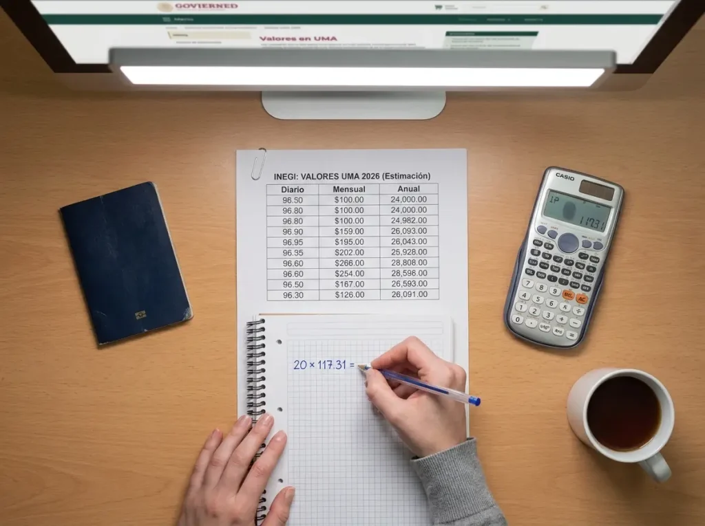 Calculadora y documento oficial mostrando valor UMA 2026 para multas del INM