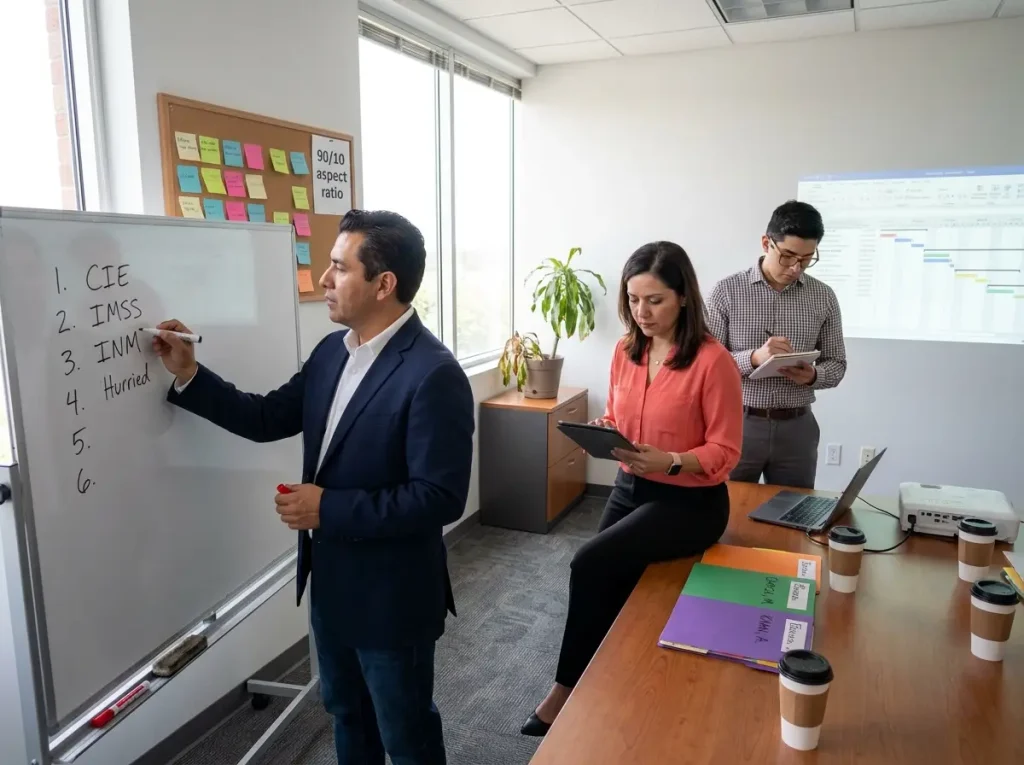 Equipo de RH y abogado migratorio planificando transición de personal extranjero con checklist en pizarra