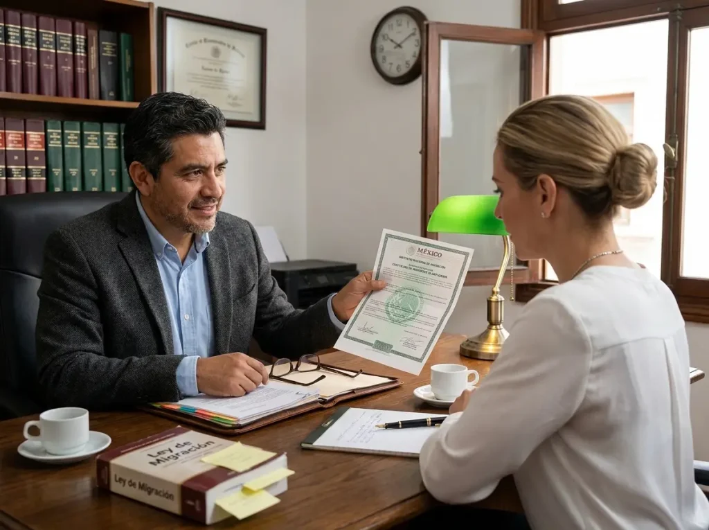 Cómo Afecta el Salario Mínimo Profesional a Tu CIE 2 Abogado migratorio mostrando constancia de inscripción de empleador a cliente empresaria en consulta
